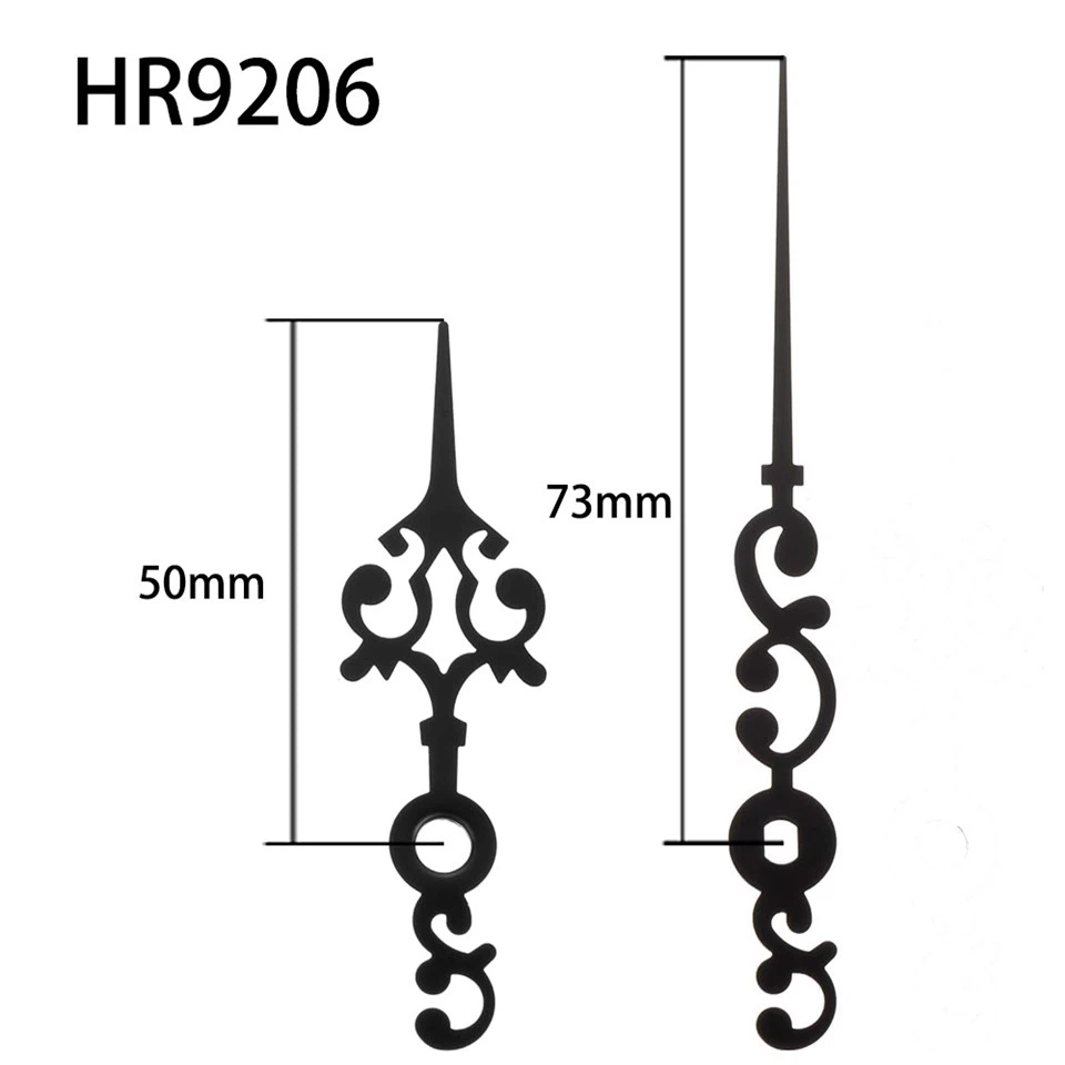 Ponteiros de relógio HR9206 pretos hora e minuto, furo quadrado